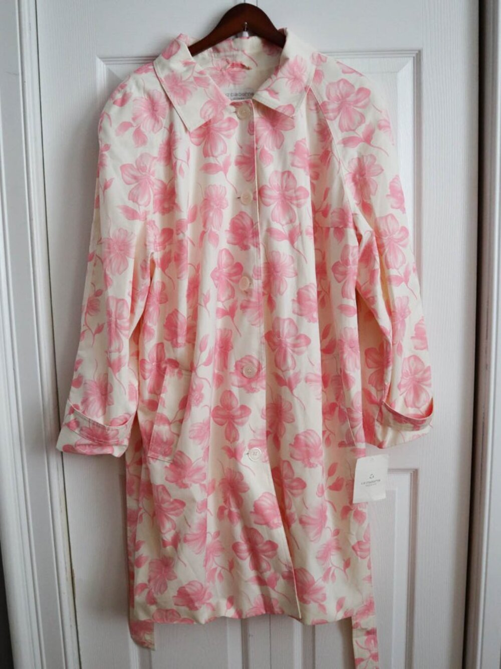 Liz Claiborne Woman Plus Size Floral Trench Coat Sz 3x Pink & White Cottagecore